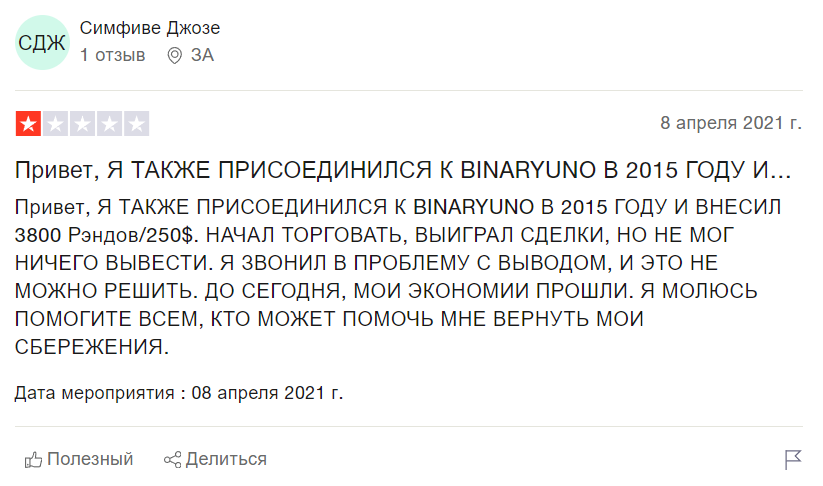 Отзыв о разводе псевдо конторой Binary Uno на деньги